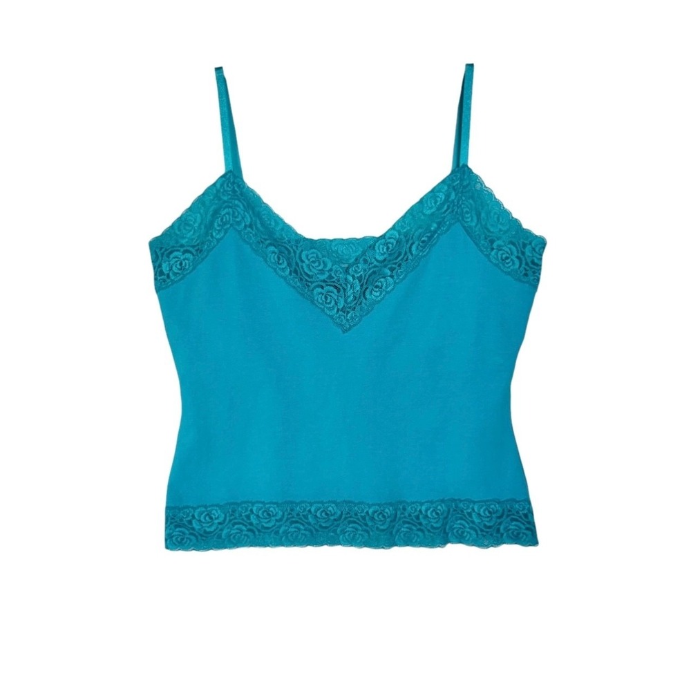 Y2K INC Lace Trim Cami Sz L Fitted Spaghetti Strap Top Built In Shelf Bra‎ VTG